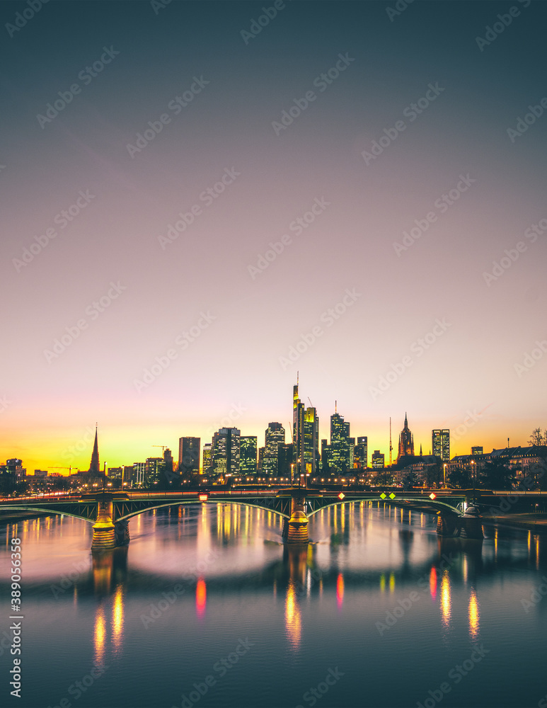 the main, city center, river main, landmarks, scenery, scenic, financial district, office building, main river, water, sunrise, dusk, twilight, high, houses, construction, skyscrapers, blue hour, ligh