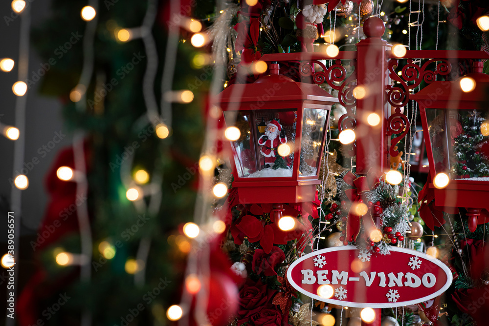 .Christmas decoration with bokeh lights highlighted. 