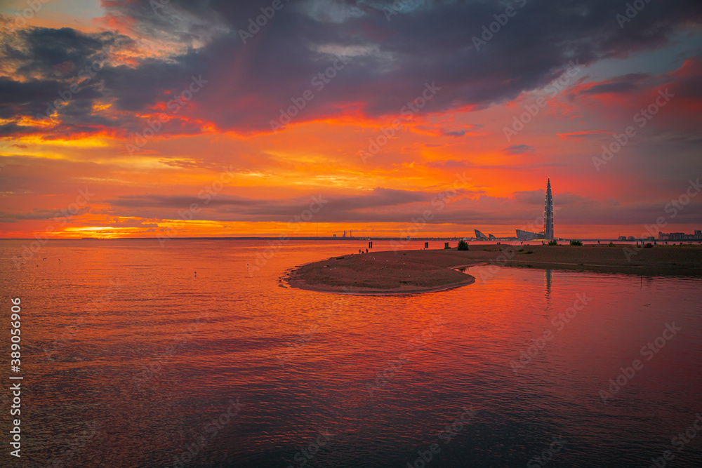 Sunset over Finnish Gulf in Saint Petersburg, Russia