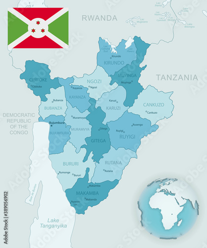 Blue-green detailed map of Burundi administrative divisions with country flag and location on the globe.