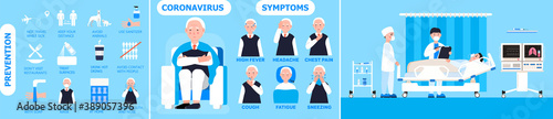 Coronavirus infographics vector. Infected senior illustration. CoV-2019 prevention, coronavirus symptoms and complications. Icons of fever, chill, sinusitis, headache are shown.