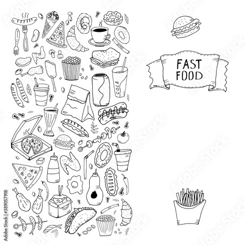 Set of hand drawn doodle fast food icons. Hand drawn doodle set Fast food. Vector illustration. Junk food items collection. Cartoon snack different sketch icon: soda, hamburger, french fries, hot dog,
