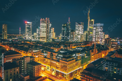 Frankfurt prospects. Great view over the city of Frankfurt in Germany. In the evening with backlight and sunset. beautiful sky of all colors. Hauptwache, römer, main