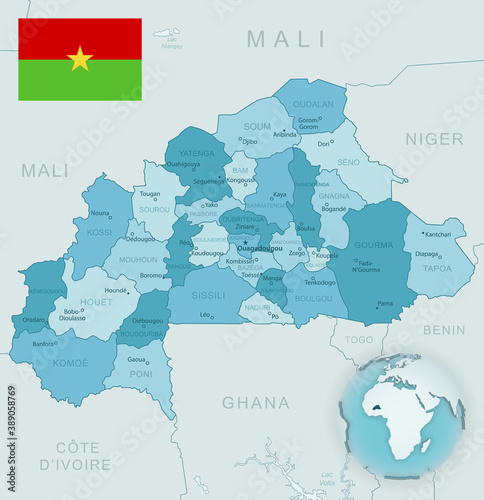 Blue-green detailed map of Burkina Faso administrative divisions with country flag and location on the globe.