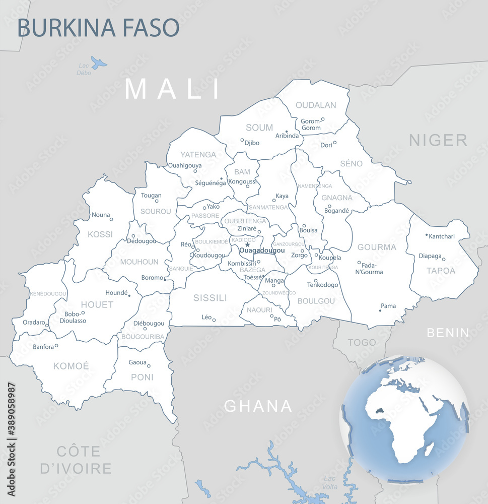 Blue-gray detailed map of Burkina Faso administrative divisions and location on the globe.