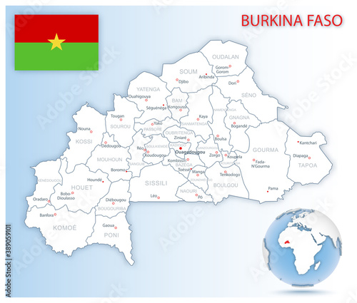 Detailed Burkina Faso administrative map with country flag and location on a blue globe.