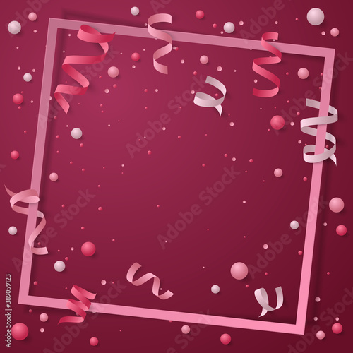 Card with paper frame, colored dust, confetti, balls, balloons, serpentine, ribbon and space for text, lettering. Vector illustration on red background. Elements for banner, poster, holiday, party.
