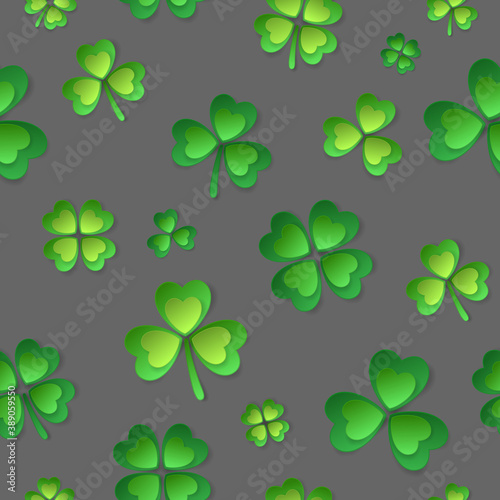 Pattern with paper green four leaf clovers and shamrock on gray background. Vector illustration. Elements for banner, cards, poster, holiday, party.