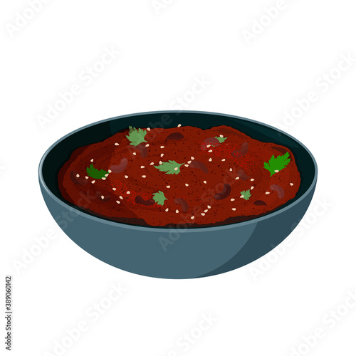 Lobio in ceramic bowl decorated with cilantro. Delicious vegetarian Georgian meal made of stewed beans. Tasty veggie dish of Caucasian cuisine.