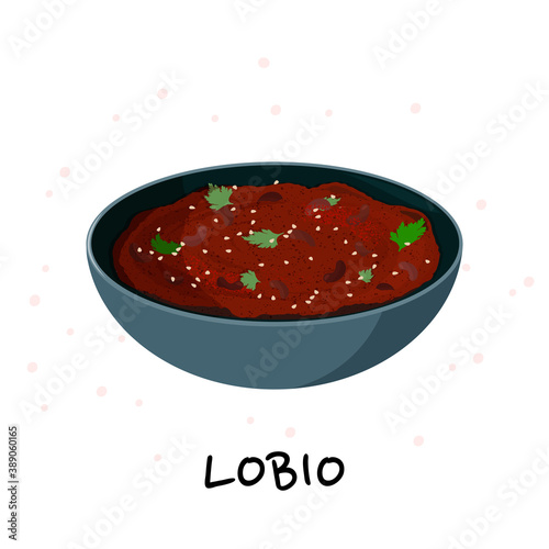 Lobio in ceramic bowl decorated with cilantro. Delicious vegetarian Georgian meal made of stewed beans. Tasty veggie dish of Caucasian cuisine.