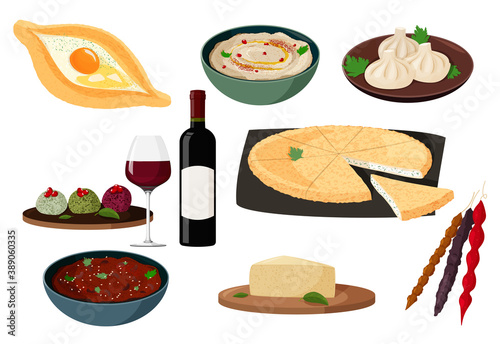 Georgian cuisine collection. Set of vector realistic illustrations with traditional dishes of Georgia.