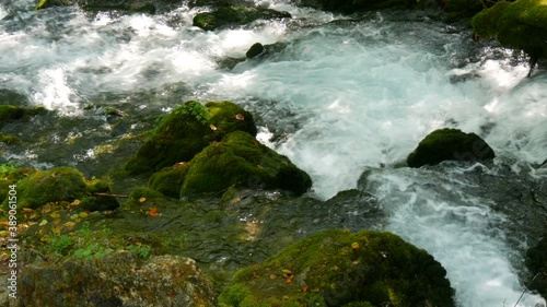 Insanely beautiful picturesque Mountain river Bistrica in Montenegro flows over stone boulders covered with green moss. photo