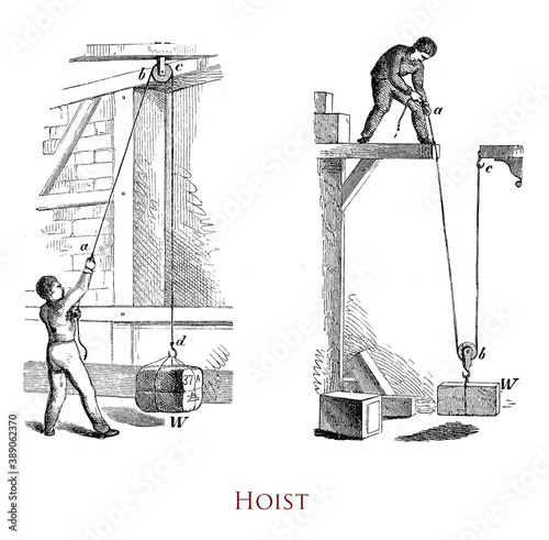 Vintage illustration of a worker managing a hoist, device used for lifting or lowering a heavy load by means of a pulley around which rope or chain wraps