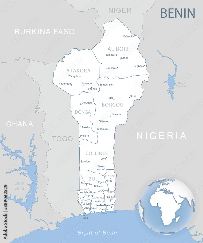 Blue-gray detailed map of Benin administrative divisions and location on the globe.