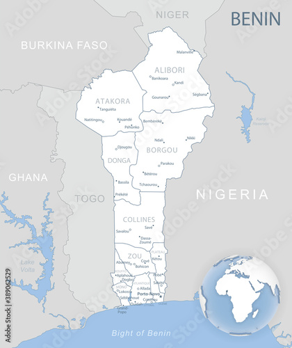 Blue-gray detailed map of Benin administrative divisions and location on the globe.