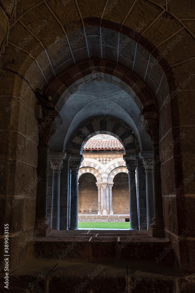 Cloister of the cathedral of Le Puy en Velay seen from the inside with its arches