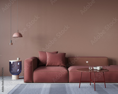 Living room interior with a large red sofa