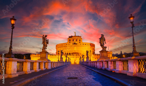 Scenic view of Castle San Angelo at sunrise with spectacular sky, Rome photo