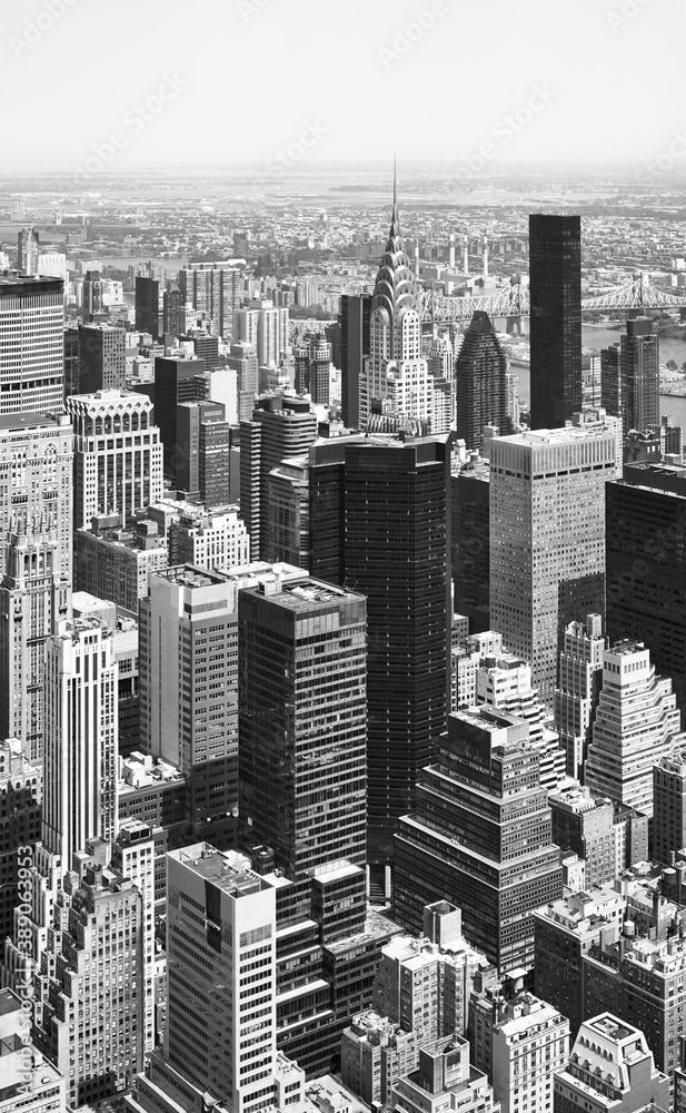 Black and white picture of Manhattan cityscape, New York City, USA.