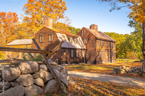 The historic Hartwell Tavern in fall, a landmark of the Minuteman NHP in Concord, MA