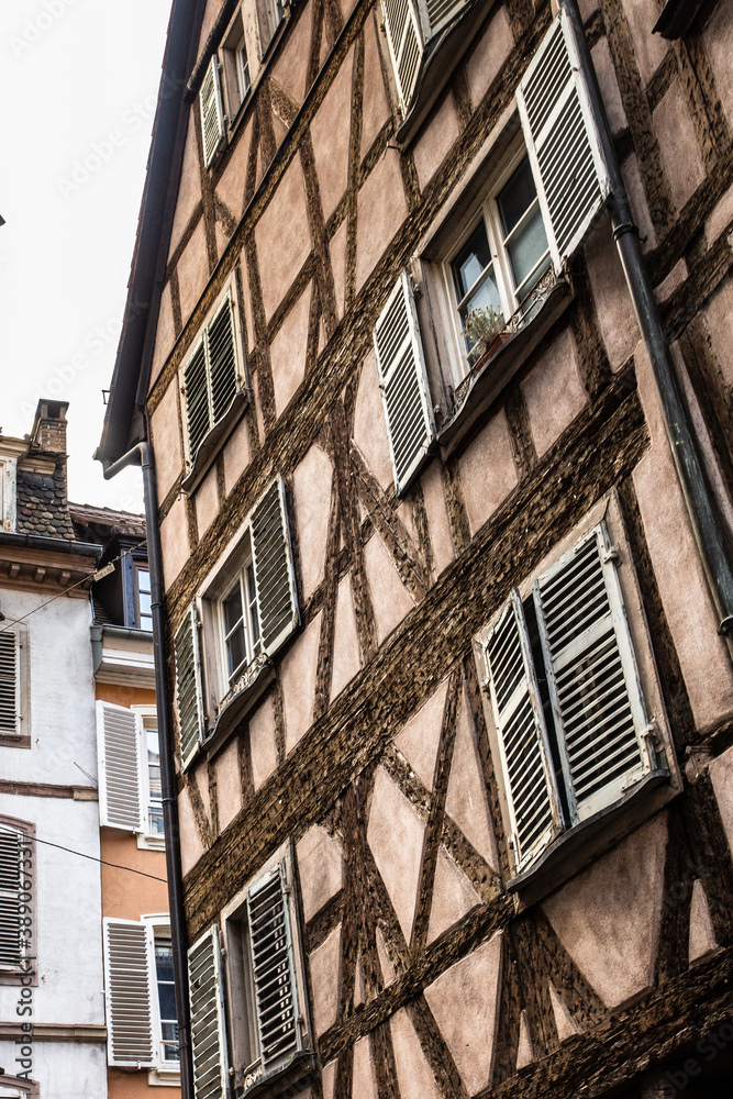 Example of beautiful old architecture on half timbered buildings seen from Strasbourg France