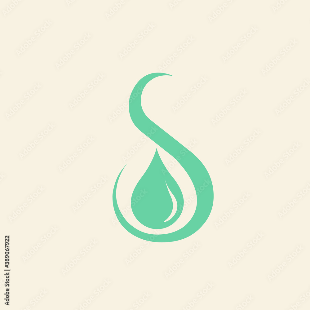 Letter S logo and water droplet.Calligraphic icon with uppercase alphabet initial.Lettering sign with nature element in teal blue color isolated on light background. Letter S logo and water droplet.Calligraphic icon with uppercase alphabet initial.Lettering sign with nature element in teal blue color isolated on light background.