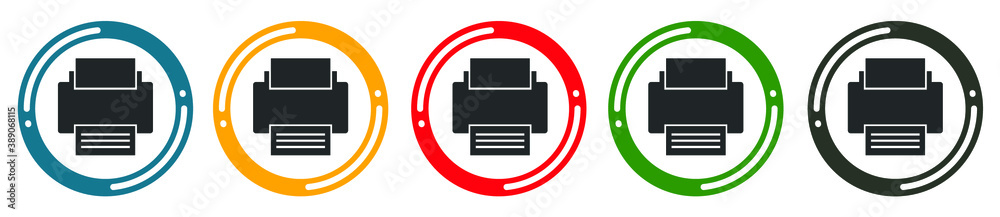 Printer icon set. flat design vector illustration in 5 colors options ...
