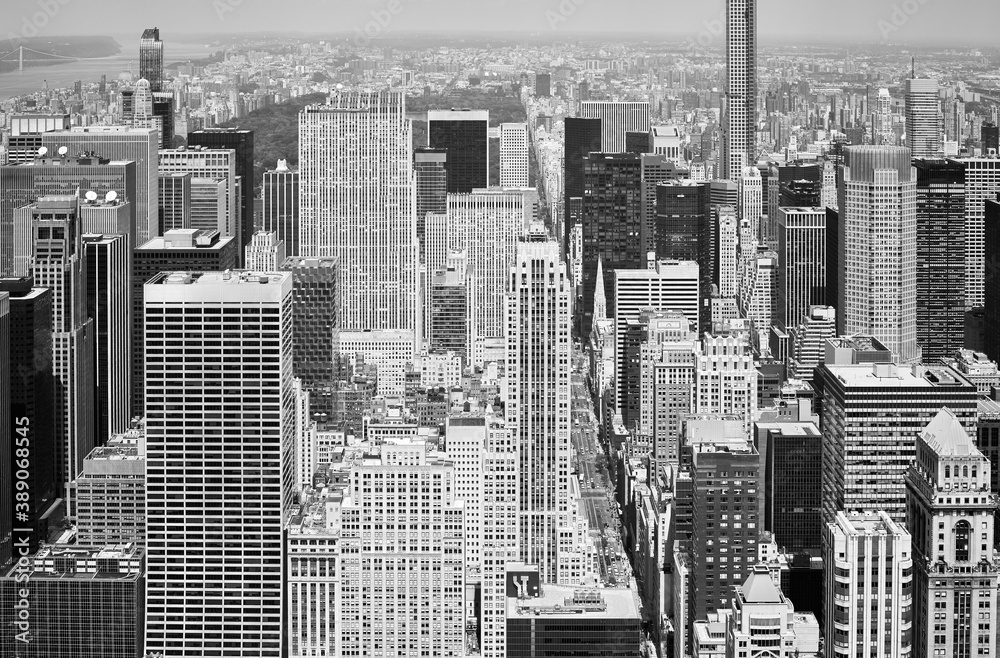 Black and white picture of New York cityscape, USA.