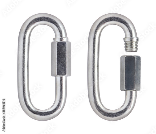 Quick link connector rigging hardware heavy duty stainless. Stainless steel carabiner oval. Screwlock quick link lock. Ring hook chain rope connector buckle locked hook. photo