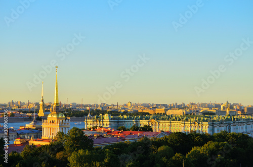 Panorama. Roofs of St. Petersburg. Bird's eye view of the Winter Palace and the spire of the Admiralty. Russia, Saint Petersburg, 08/17/2020