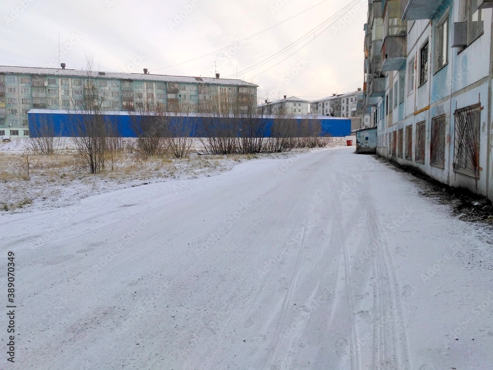 snowy streets warm winter Northern Russia landscape during the day snowy streets warm winter Northern Russia landscape during the day