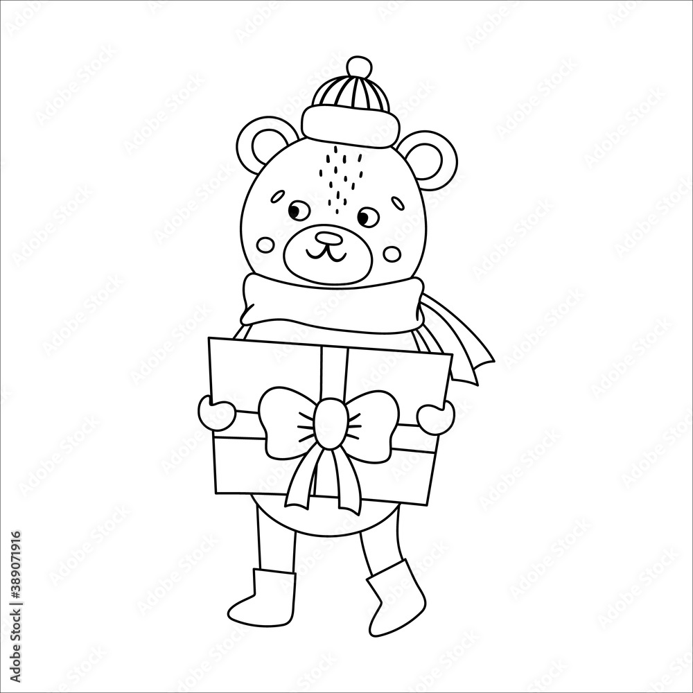 Vector black and white bear in hat and scarf with gift box. Cute winter ...
