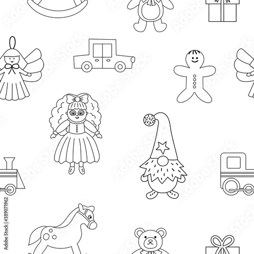 Cute black and white seamless pattern with Christmas toys. Vector line background with New Year gifts for kids. Digital paper with Santa Claus presents for children. .