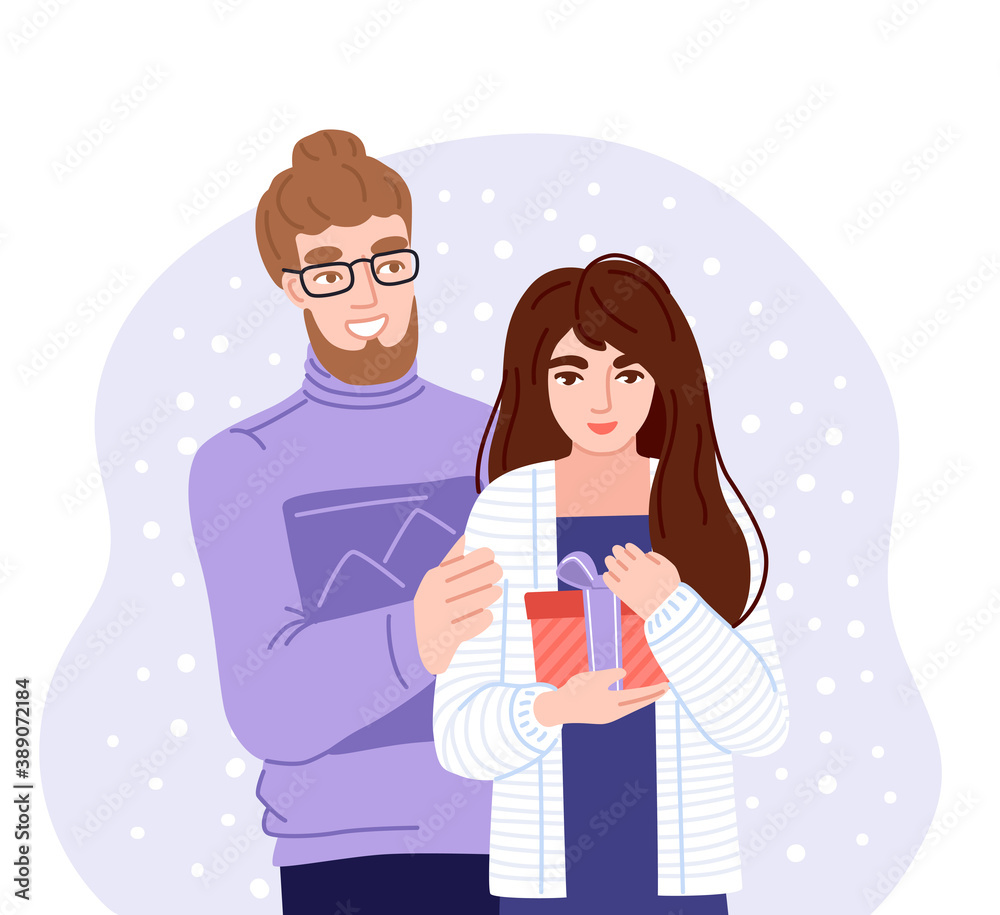 Young man giving his girlfriend a christmas present. Happy couple celebrating christmas. Girl opens gift surprise. Flat hand-drawn characters. Young man giving his girlfriend a christmas present. Happy couple celebrating christmas. Girl opens gift surprise. Flat hand-drawn characters.