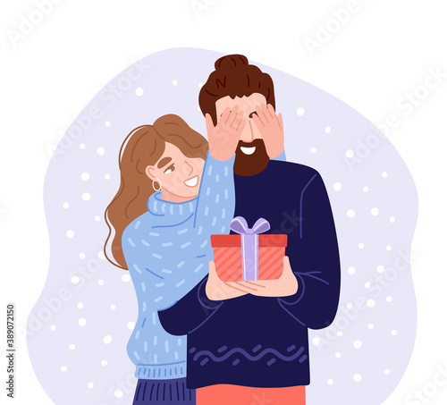 Young woman covering his boyfriend eyes to give a surprise gift. Happy couple celebrating christmas. Flat hand-drawn characters.