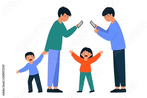 Two guys with gadgets are oblivious to the kids. Ignore children.