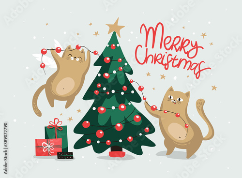 Merry Christmas greeting card with cats, gifts, stars and christmas tree. Vector illustration EPS 10