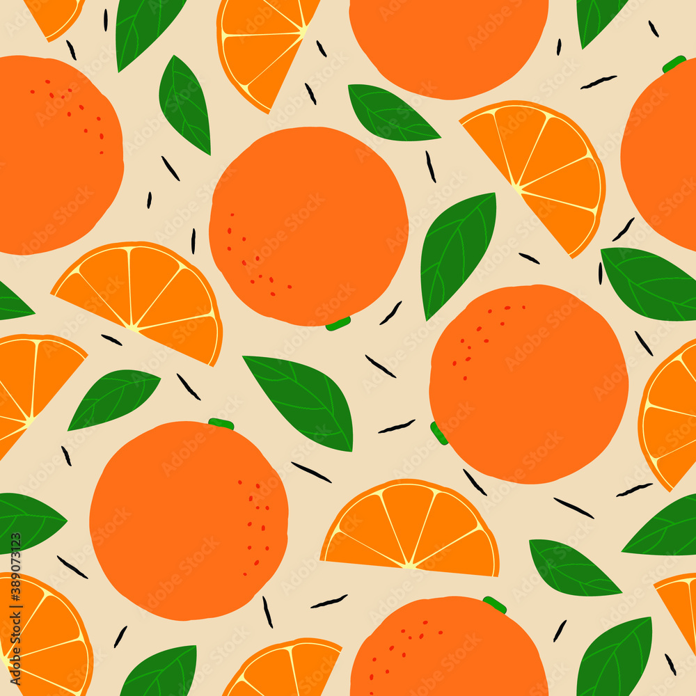 Seamless background with oranges, orange slices and leafs. Summer, New Year tropical pattern. Decorative print for wrapping paper, fabric, background, wallpaper. Seamless background with oranges, orange slices and leafs. Summer, New Year tropical pattern. Decorative print for wrapping paper, fabric, background, wallpaper.