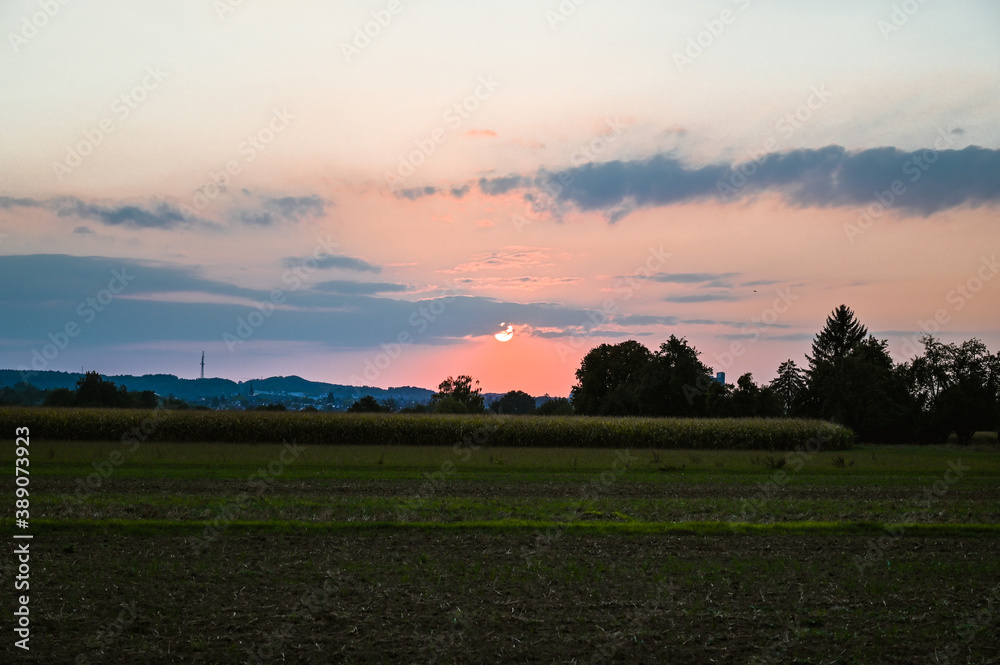 Sunset over the corn fields of Stuttgart, Germany.