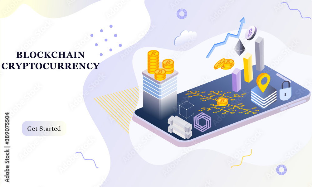 Modern flat design isometric background of blockchain and cryptocurrency for banner and website. Landing page template. Virtual cash transaction, cryptocurrency blockchain concept. Vector illustration Modern flat design isometric background of blockchain and cryptocurrency for banner and website. Landing page template. Virtual cash transaction, cryptocurrency blockchain concept. Vector illustration