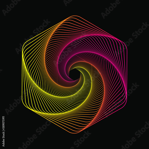 Pink and yellow colored hexagon spiral, line drawing on isolated black background. 