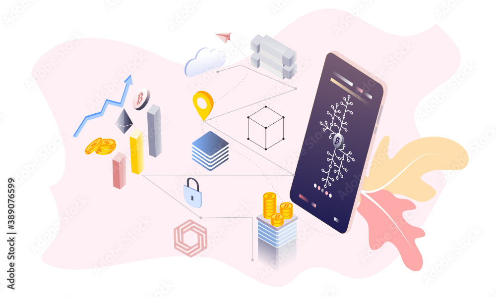 Modern flat design isometric background of blockchain and cryptocurrency for banner and website. Landing page template. Virtual cash transaction, cryptocurrency blockchain concept. Vector illustration Modern flat design isometric background of blockchain and cryptocurrency for banner and website. Landing page template. Virtual cash transaction, cryptocurrency blockchain concept. Vector illustration
