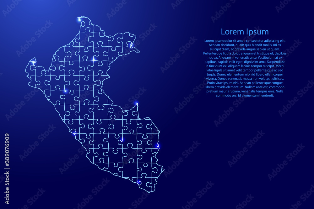 Peru map from puzzles blue line and glowing space stars parts mosaic grid. Vector illustration.