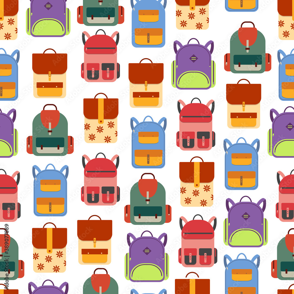 Seamless pattern with cartoon backpacks on white background. Colorful vector illustration of school, office and travel bag. Good for fabric print, wrapping paper, wallpapers, cards. Seamless pattern with cartoon backpacks on white background. Colorful vector illustration of school, office and travel bag. Good for fabric print, wrapping paper, wallpapers, cards.