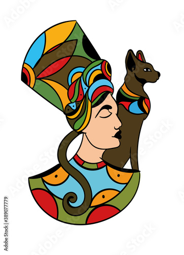 Art tattoo picture of woman with cat. Egyptian goddess, queen. Colorful tattoo. Cartoon vector illustration