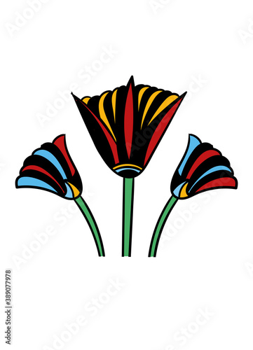 Art tattoo picture of flowers. Colorful tattoo. Ancient Egypt mythology. Ancient civilization art design. Cartoon vector illustration