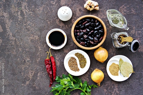 Ingredients for making red bean lobio. Georgian cuisine. Recipes for vegetarians.