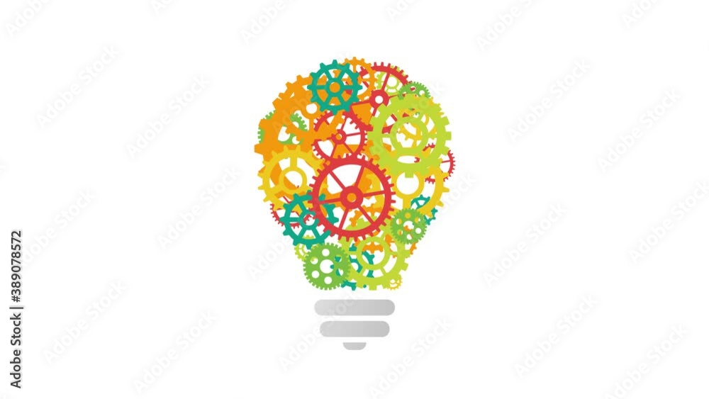 Light bulb with colored gears. Innovation and idea concept. Business, corporate, social and technological motion background.