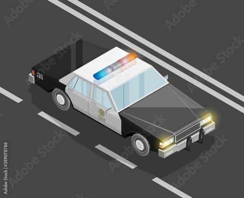 Flat 3D isometric police car model. City transport automobile road. Sedan police auto. Urban classic motor vehicle. Quality auto infographic route. Flat isometric police automobile street icon set
