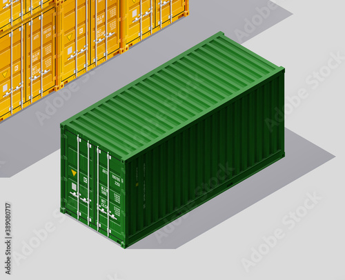 3D Isometric shipping cargo 20 ft container with closed doors. Large metal containers for transportation. Delivery of cargo shipping. illustration